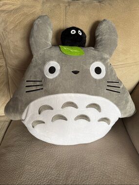 Gray Totoro Plush Pillow with Leaf